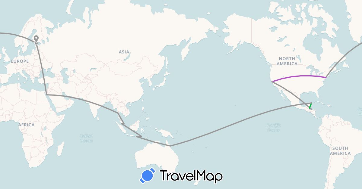 TravelMap itinerary: driving, bus, plane, train in Australia, Belize, Egypt, Finland, Honduras, Indonesia, Myanmar (Burma), Mexico, Malaysia, United States (Africa, Asia, Europe, North America, Oceania)